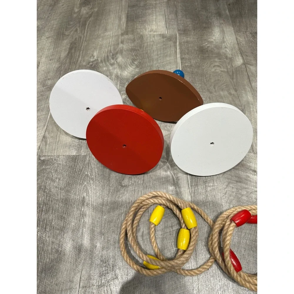 Vintage Wooden Sports RingToss Game Set Baseball Football Basketball Soccer 6pc